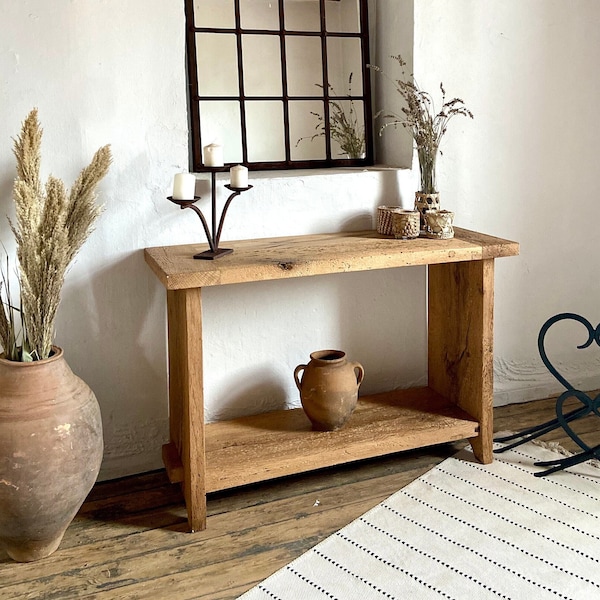 Table console en chêne de récupération, table console de ferme avec étagère, table console de canapé en bois, table console d'entrée rustique