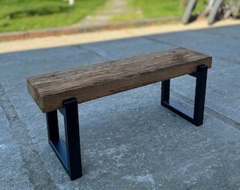 Reclaimed Pine Wood Bench Metal Legs, Outdoor Wooden Garden Bench, Beam Wood Bench, Wood Patio Furniture Rustic