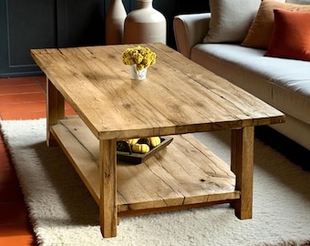 Rustic Reclaimed Oak Coffee Table: Farmhouse Style with Shelf