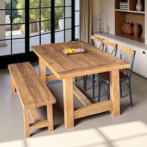 Reclaimed Dining Table with Bench – Warm Toned Set in Smooth Solid Wood