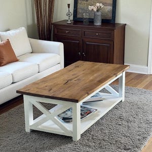 Large Rustic Farmhouse Coffee Table with White Reclaimed Oak Shelf