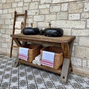 Móvel de banheiro estilo fazenda rústica com pia dupla, móvel de banheiro estilo fazenda, móvel de madeira para banheiro rústico, móvel de madeira para banheiro rústico