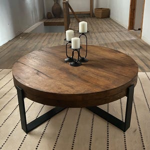 Round Oak Coffee Table – Thick Solid Wood Top with Metal Cross Base