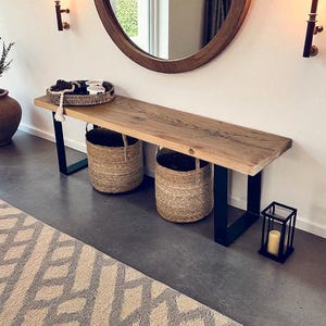 Rustic Reclaimed Wood Bench with Metal Legs for Entryway