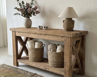 Rustic Reclaimed Wood Console Table with Shelf – Handcrafted Farmhouse Entryway Furniture