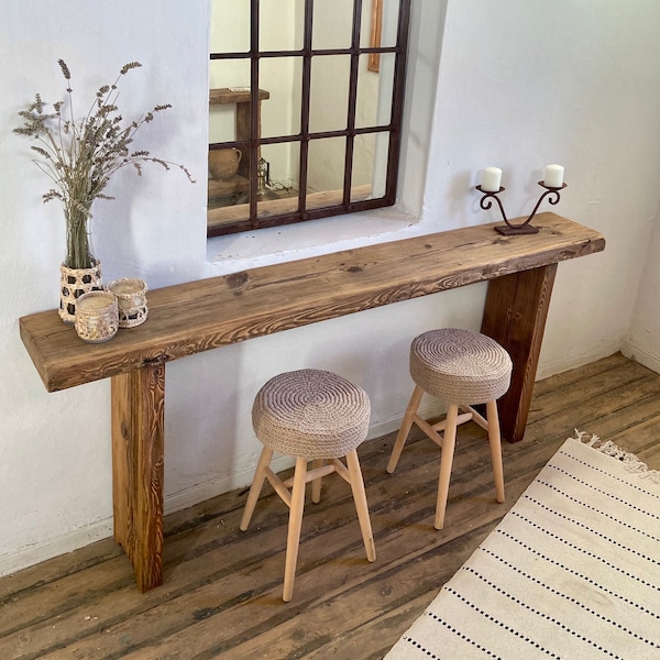 Longue table console en bois de récupération, Table console d'entrée, Meubles rustiques, Longue table de canapé de récupération