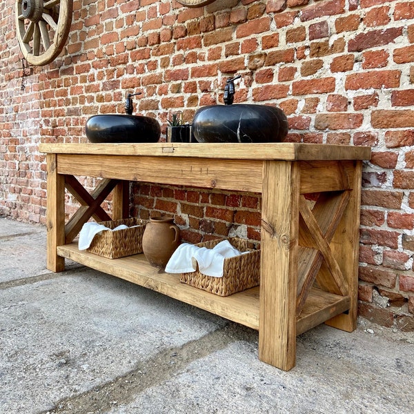 Rustic Bathroom Vanity Double Sink, Reclaimed Wood Bathroom Vanity for Vessel Sink, 72 inch Vanity Rustic Farmhouse Furniture