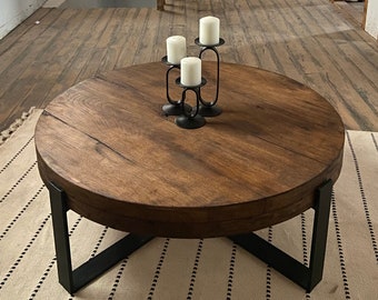 Thick Round Wood Coffee Table Legs Metal, Round Low Coffee Table, Rustic Coffee Table Oak Furniture