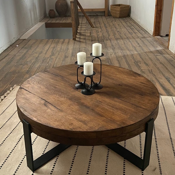 Table basse ronde en bois épais pieds métal, table basse ronde, table basse rustique meubles en chêne