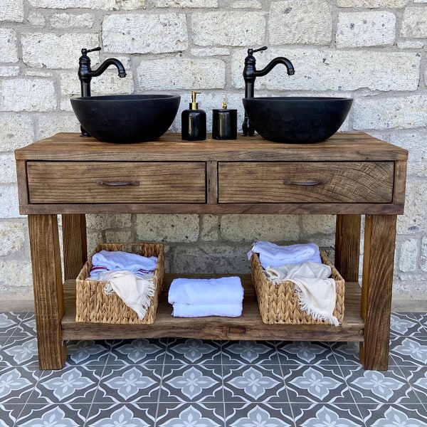 Lavabo doble de tocador de baño de madera recuperada, tocador rústico con cajones, madera de tocador de baño de granja, baño de tocador rústico recuperado