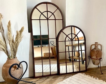 Antique Arched Mirror Hand Forged Wrought Iron, Arched Floor Mirror Full Length, Rusty Metal Frame Mirror Wall Decor