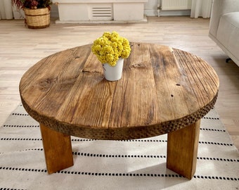 Natural Wood Coffee Table Reclaimed, Round Wooden Coffee Table Rustic Home Decor, Rustic Round Coffee Table Furniture Handmade