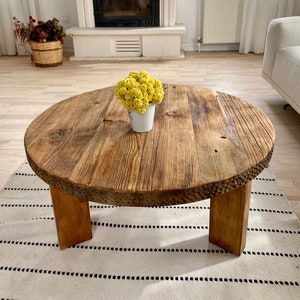 Natural Wood Coffee Table Reclaimed, Round Wooden Coffee Table Rustic Home Decor, Rustic Round Coffee Table Furniture Handmade