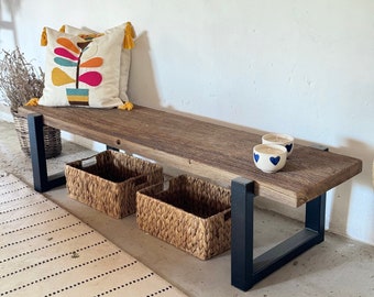 Rustic Entryway Bench, Barnwood Bench Entryway, Rustic Wooden Furniture, Rustic Reclaimed Wood Bench Metal Legs, Farmhouse Bench for Patio