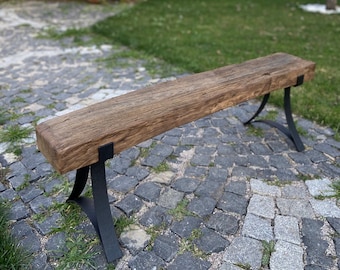 Outdoor Wood Bench Metal Legs, Garden Bench Outdoor, Reclaimed Rustic Farmhouse Bench for Patio Furniture