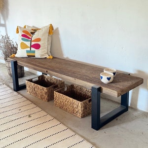 Rustic Entryway Bench, Barnwood Bench Entryway, Rustic Wooden Furniture, Rustic Reclaimed Wood Bench Metal Legs, Farmhouse Bench for Patio image 1