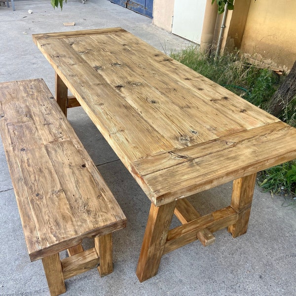 Reclaimed Wood Dining Table and Bench Set, Farmhouse Table Set, Farmhouse Dining Table Bench, Dining Table Rustic Reclaimed