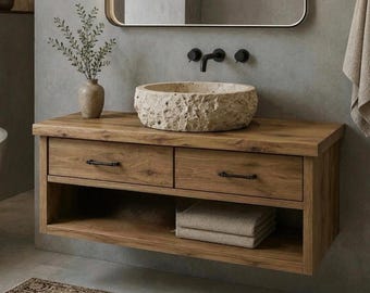 Quiet Luxury Reclaimed Oak Floating Vanity, Wall Mounted Bathroom Cabinet with Shelf