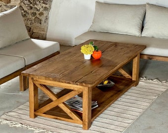 Mesa de centro estilo X de granja, mesa de centro de madera rústica, mesa de centro de granja recuperada de roble, muebles rústicos de madera de granero