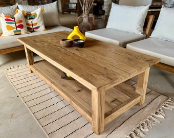 Mesa de centro rústica de granja con estante, mesa de centro de madera natural, muebles de sala de estar, mesa de centro de patio de madera recuperada