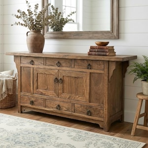 Rustic Oak Sideboard – Solid Wood Buffet Cabinet, Farmhouse Credenza