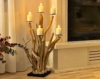 Large Candle Holder Outdoor Decor , Driftwood Floor Candelabra Wood Rustic, Floor Candle Holder Wood, Rustic Candelabra Fireplace Wood Decor