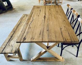 Rustic Reclaimed Oak Dining Table Bench,  Farmhouse Dining Table Set, Rustic Farmhouse Patio Table