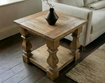 Square Rustic Side Table with Shelf – Handcrafted Solid Wood End Table