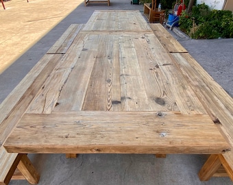 Langer Esstisch Altholz, 12-Fuß-Bauerntisch, großer Esstisch Rustikal, Esstisch und Bank aus zurückgefordertem Holz