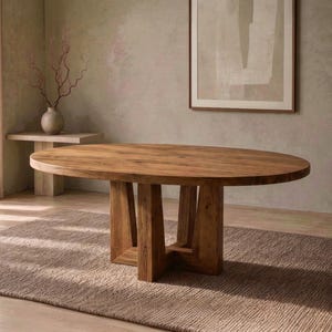 May include: An oval dining table crafted from medium-toned wood with a visible grain pattern. The table features a central pedestal base composed of four interconnected vertical supports that extend outward to provide a stable foundation.
