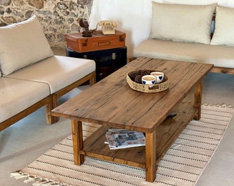 Rustic Long Coffee Table with Shelf, Reclaimed Oak Coffee Table, Barnwood Furniture, Rustic Farmhouse, Rectangle Large Coffee Table