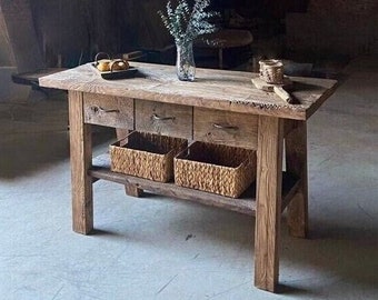 Isla de cocina de madera rústica con cajones, mesa de cocina de altura de mostrador, madera de isla de cocina de granja, mesa de altura de mostrador de madera recuperada