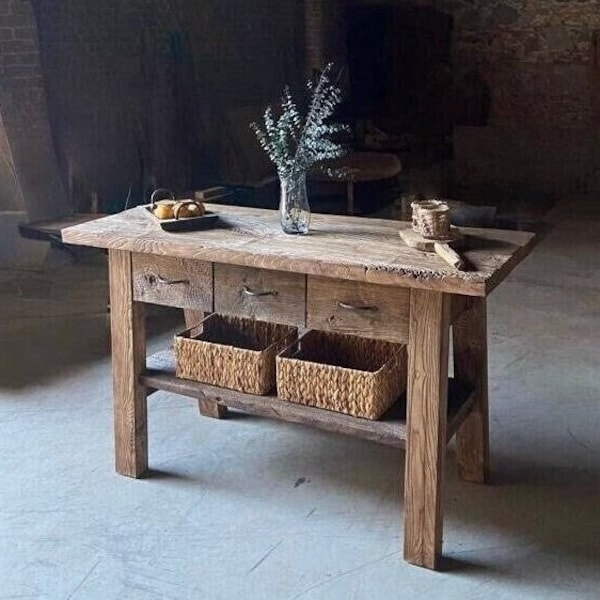 Rustic Wood Kitchen Island with Drawers, Counter Height Kitchen Table, Farmhouse Kitchen Island Wood, Counter Height Table Reclaimed Wood