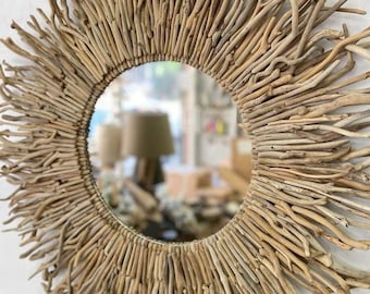 Sunburst Mirror Wall Driftwood Artwork, Driftwood Beach Mirror Round Wood, Coastal Mirror Beach Decor Wall, Round Wooden Mirror Sunshine