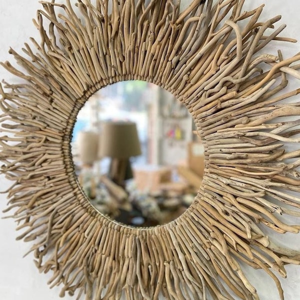 Sunburst Mirror Wall Driftwood Artwork, Driftwood Beach Mirror Round Wood, Coastal Mirror Beach Decor Wall, Round Wooden Mirror Sunshine