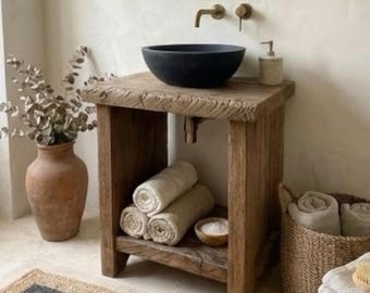 Reclaimed Oak Bathroom Vanity with Stone Sink – Handmade Rustic Bathroom Cabinet for Small Bathrooms