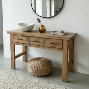 Table console rustique en chêne de récupération avec tiroirs - Meubles d'entrée de ferme naturel