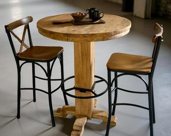 Rustic Oak Round High Top Pub Table - Farmhouse Style Bar Height Furniture