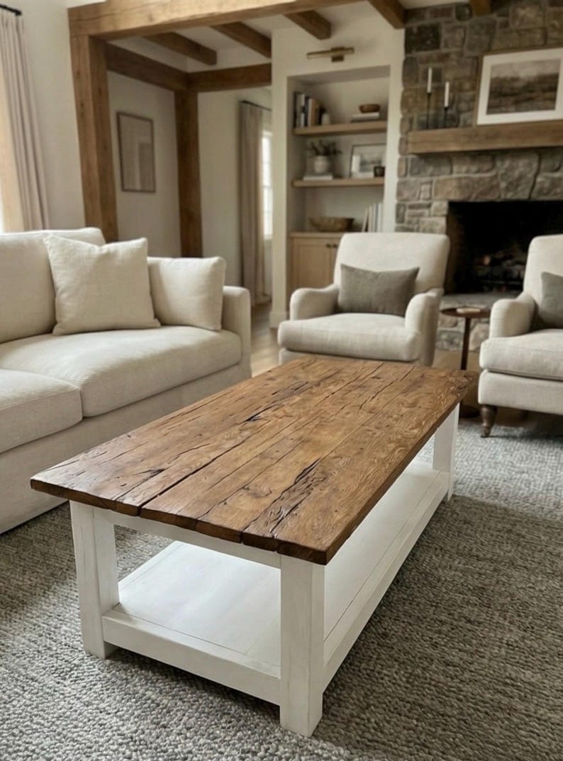 Rustic Reclaimed Oak Coffee Table, Handcrafted Solid Wood Table with Storage Shelf image 11