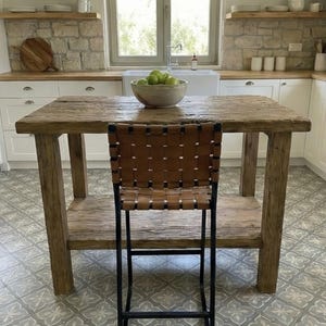 Reclaimed Oak Kitchen Island Table – Rustic Farmhouse Counter Height Table with Storage Shelf image 13
