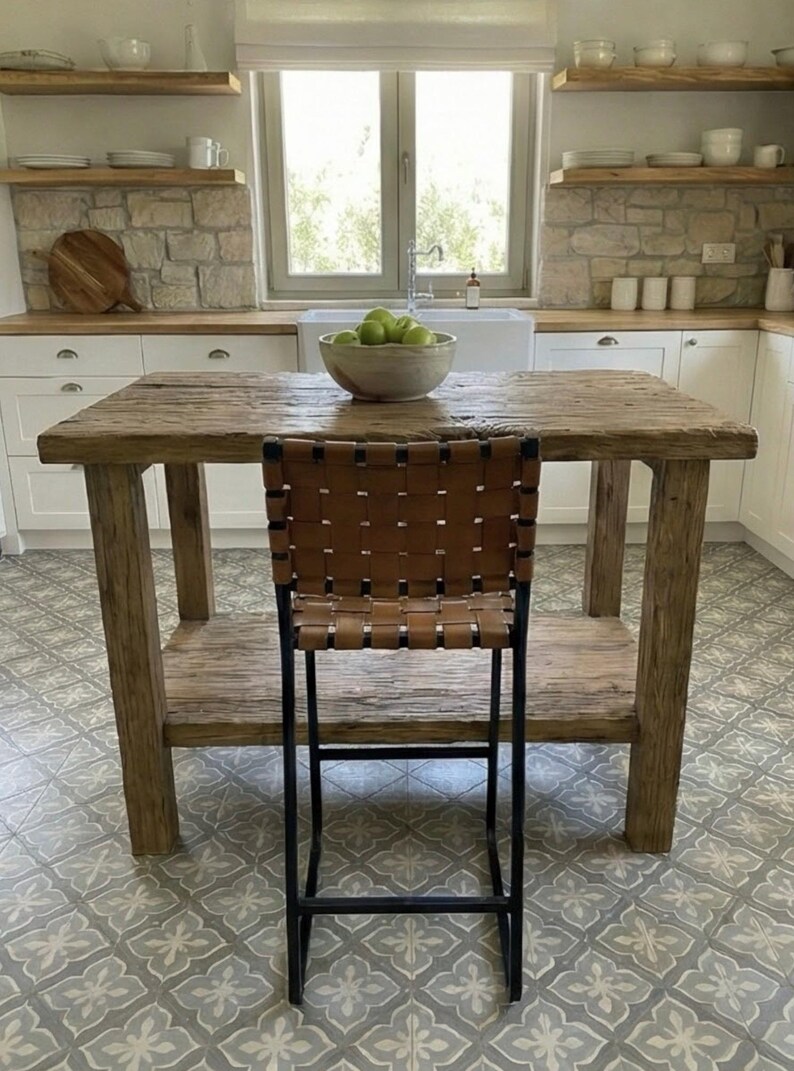 Reclaimed Oak Kitchen Island Table – Rustic Farmhouse Counter Height Table with Storage Shelf image 13