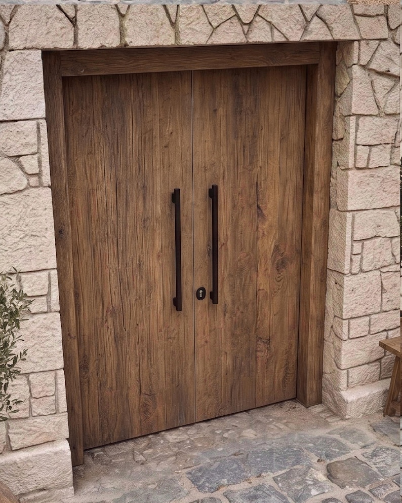 Mediterranean Double Front Door with Frame, Reclaimed Chestnut Wood Entry Door Set image 8