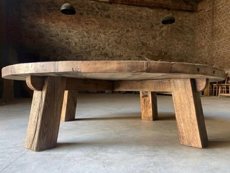Reclaimed Barn Wood Coffee Table – Rustic Round Handmade Wabi Sabi Furniture image 5