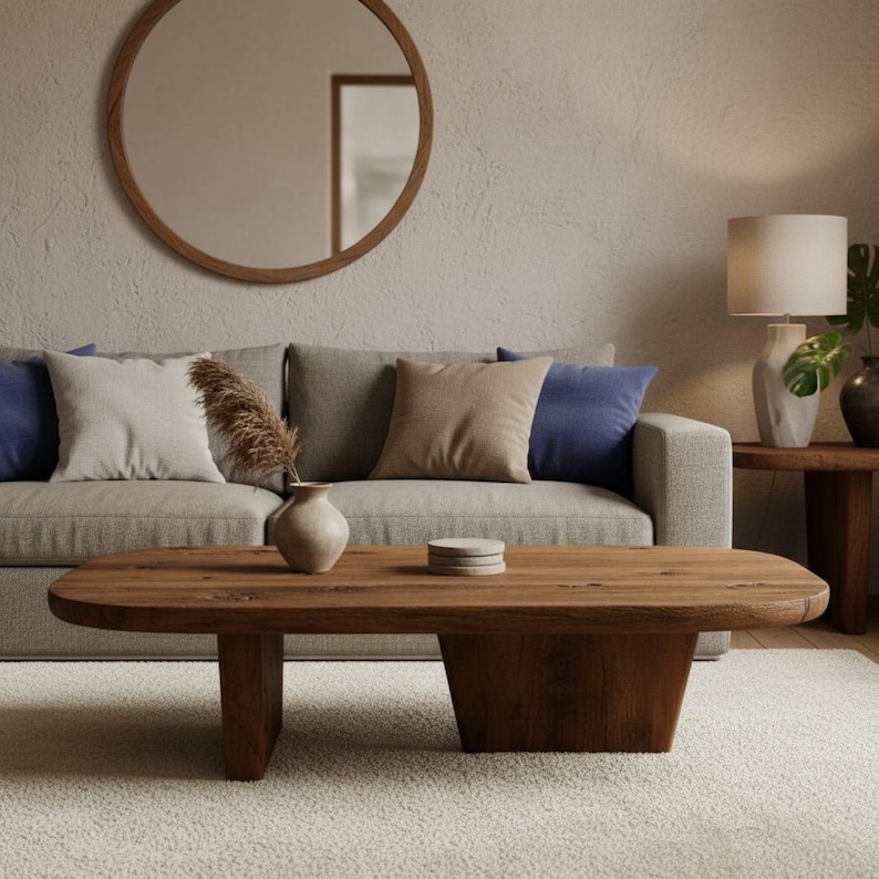 View of Japandi Reclaimed Oak Low Coffee Table – Wabi Sabi Organic Modern Oval ...
