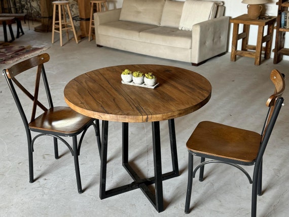 Rustic Oak and Steel Dining Table Reclaimed Oak Dining Table Rustic Round Dining Table Round Kitchen Table Metal Table Base Etsy