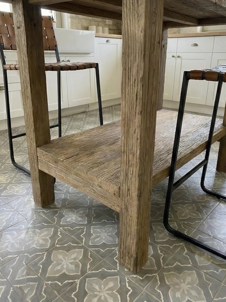 Reclaimed Oak Kitchen Island Table – Rustic Farmhouse Counter Height Table with Storage Shelf image 3