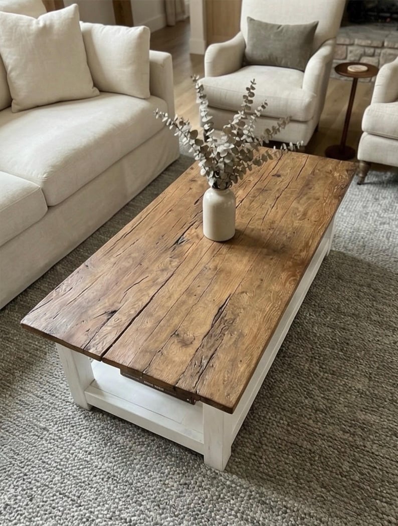 Rustic Reclaimed Oak Coffee Table, Handcrafted Solid Wood Table with Storage Shelf image 12