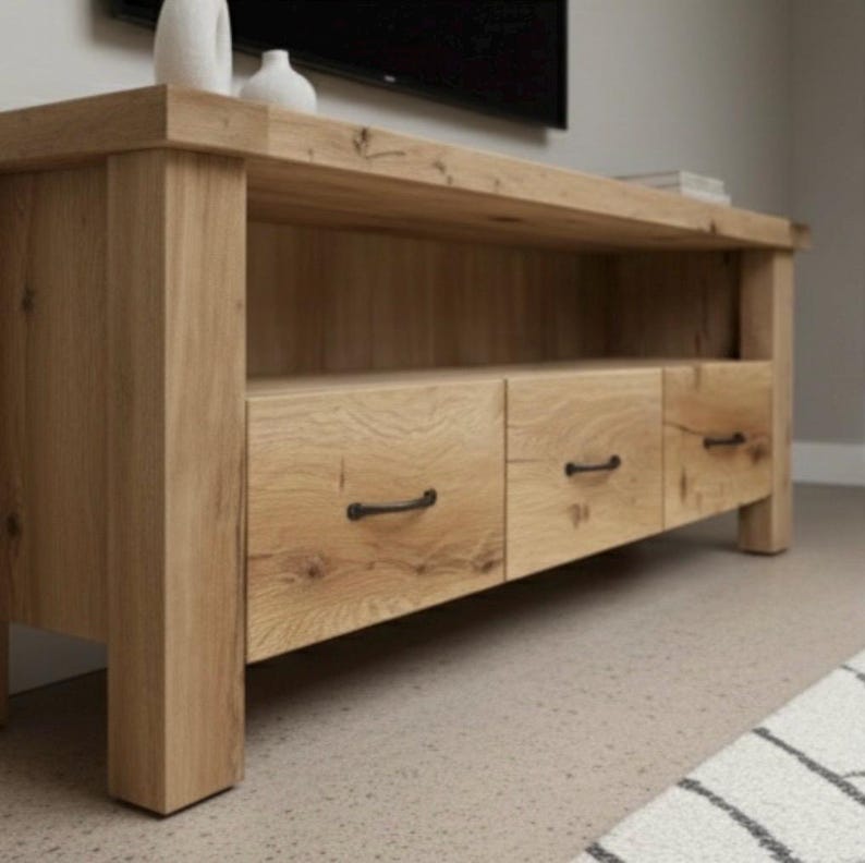 Handcrafted Solid Oak TV Stand – Rustic Farmhouse Media Console with Storage image 8