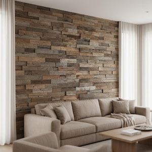 May include: A living room featuring a wall made of reclaimed wood planks in various shades of brown and gray. A beige sofa with several pillows and a wooden coffee table are in front of the wall. White curtains frame the room.