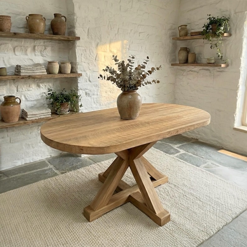 Reclaimed Oak Oval Dining Table – Handmade Solid Wood, Organic Modern ...